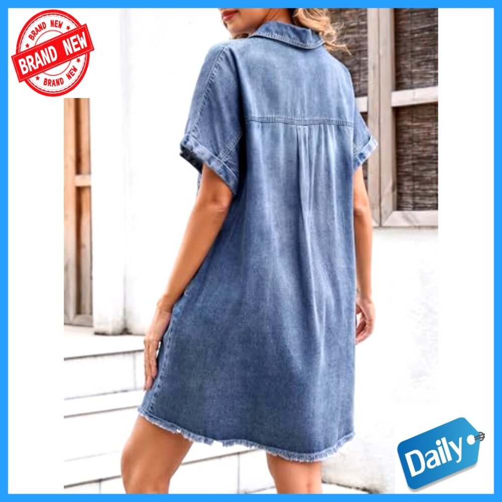 Midi Denim Dress Button Down Casual Western Fringe Hem - Picture 4 of 7